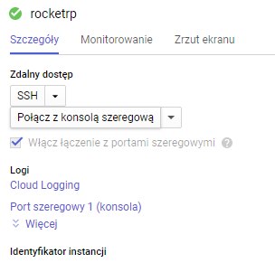 Może być zdjęciem przedstawiającym tekst „rocketrp Szczegóły Monitorowanie Zrzut ekranu Zdalny dostęp SSH Połącz z konsolą szeregową Włącz łączenie z portami szeregowymi Logi Cloud Logging Port szeregowy 1 (konsola) Więcej Identyfikator instancji”